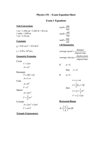 Physics 151 Master Exam Equation Sheet - StuDocu