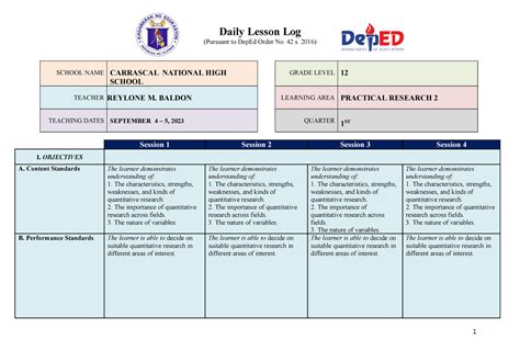 Practical Research Dll Daily Lesson Log Pursuant To Deped Order My