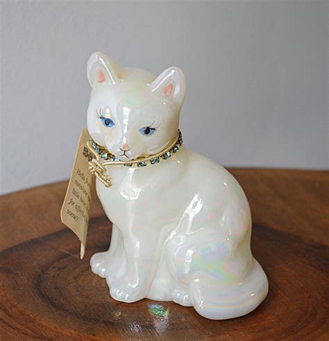 Fenton Glass Cat Figurine White Opalescent Cat March Cat Etsy