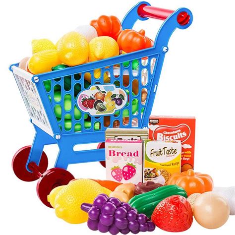 Children Role Play Supermarket Toy Shopping Cart Trolley With Fruits