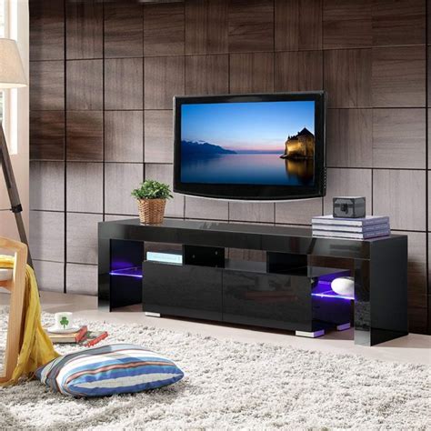 Black Glossy Modern Tv Stand With Led Lighted Shelves Long Low Console