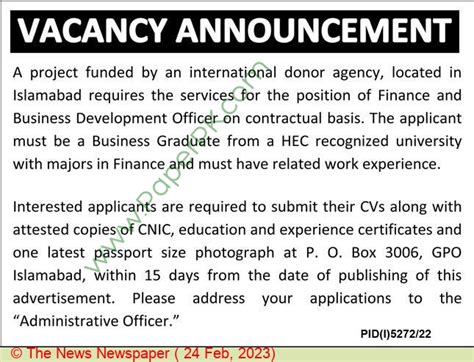 Finance Business Development Officer Jobs In Islamabad At Donor Funded Project On February