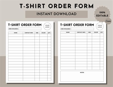 Printable Tshirt Order Form Template Editable Order Form Etsy
