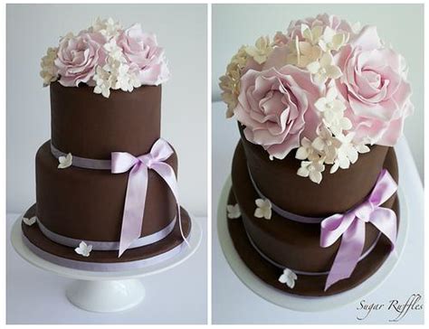 Chocolate Wedding Cake With Lilac Roses And Hydrangea 1987597 Weddbook