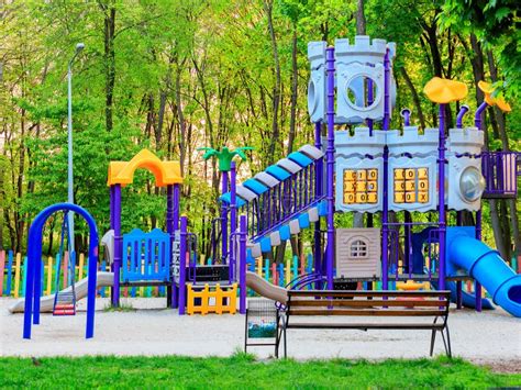 Bright Children`s Colorful Playground In The City Summer Park Stock