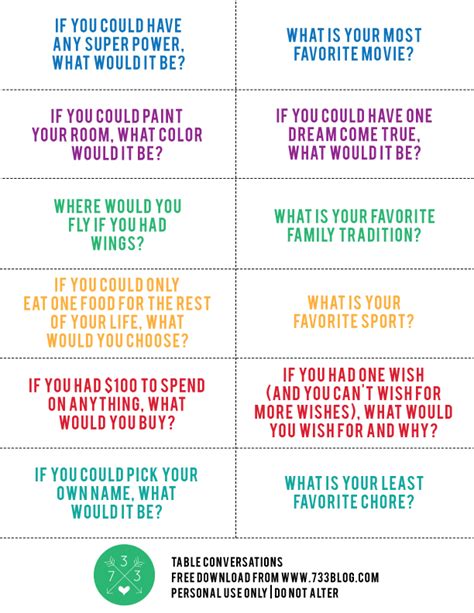 This one is fun for parties or just to pass the time while you're waiting for your. Family Dinner Conversation Starters | Table topics, Kids ...