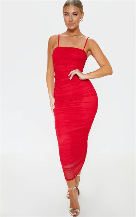 Red Strappy Mesh Ruched Midaxi Dress
