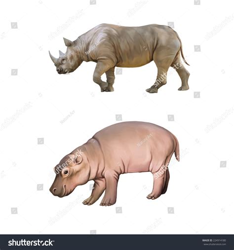 Big African Rhino Baby Hippopotamus Isolated Stock Illustration