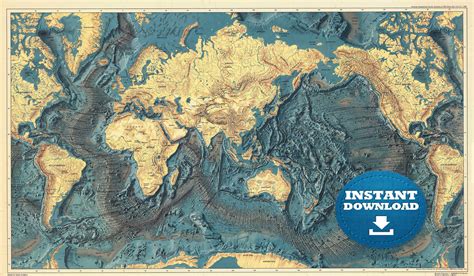 Digital Ocean Relief World Map Printable Download Yellow Continents