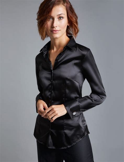 Womens Black Fitted Satin Shirt Double Cuff Black Satin Shirt Fashion Satin Shirt
