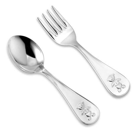 Sterling Silver Baby Spoon And Fork Set Wide Keepsake Teddy Bear Design
