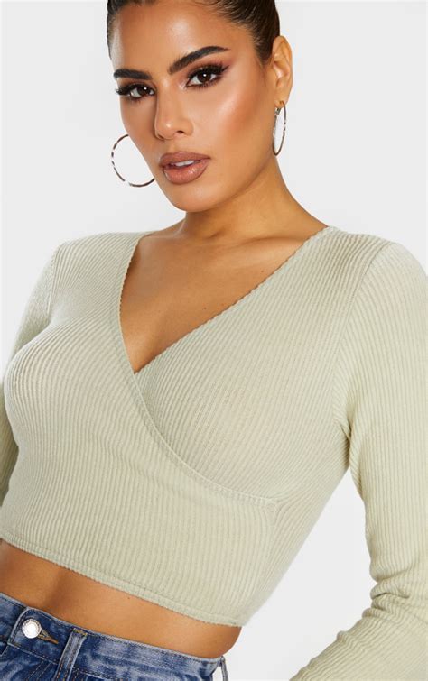 Tall Sage Green Wrap Overbrushed Rib Crop Top Prettylittlething