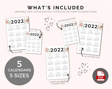 2021 2025 Calendars Printable Instant Download Yearly Wall Desk