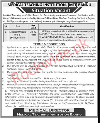 Latest Career Opportunities At Medical Teaching Institute Bannu July