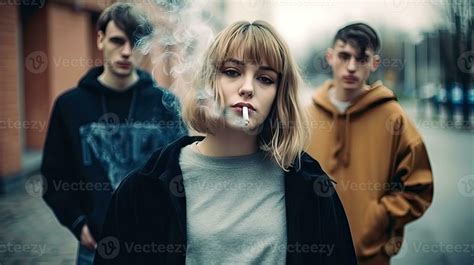 Group Of Teenagers Smoking Cigarette Outdoors Social Issues Between