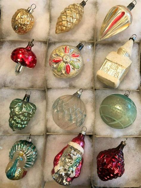 12 Antique German Mercury Glass Blown Feather Tree Xmas Ornaments 1930