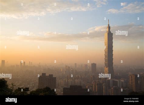 Photograph Of Taipei City Skyline In Taiwan During Sunset Stock Photo
