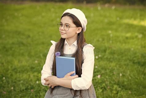 Elegant Schoolgirl Child Girl Study With Book In Park School Pupil