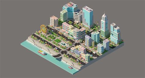 Low Poly City With Various Buildings On The Bank Of The River 3d Model