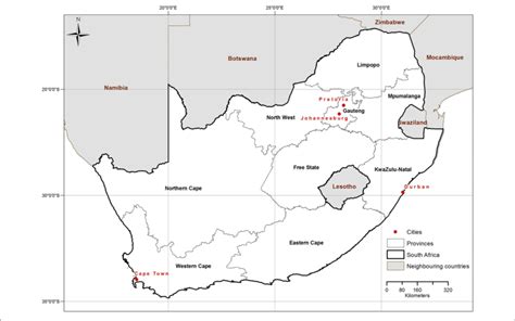 Map Of South Africa Indicating The Nine Provinces And The Four Major