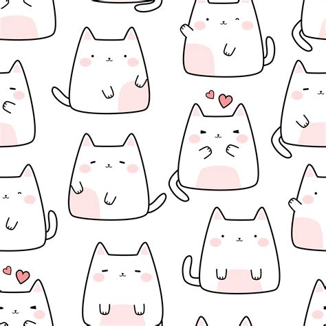Cute Chubby White Cat Kitten Cartoon Doodle Seamless Pattern 2280887