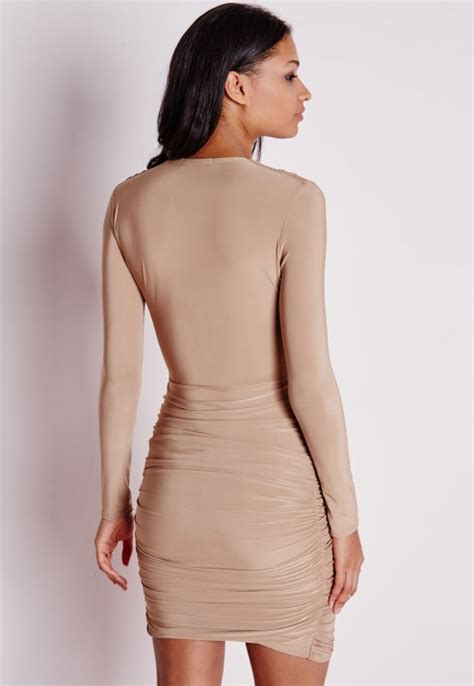 Missguided Slinky Plunge Bodycon Dress Camel In Natural Lyst