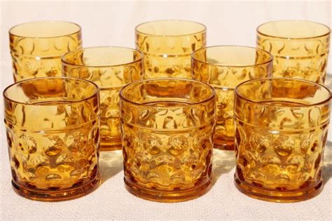 Vintage Amber Glass Tumblers Optic Dot Round Thumbprint Coin Spot Dotted Drinking Glasses