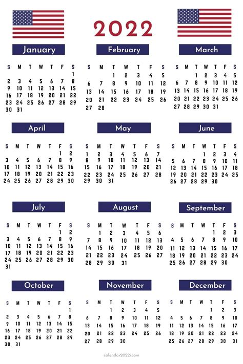 Us 2022 Calendar Printable Federal Holidays Word Excel