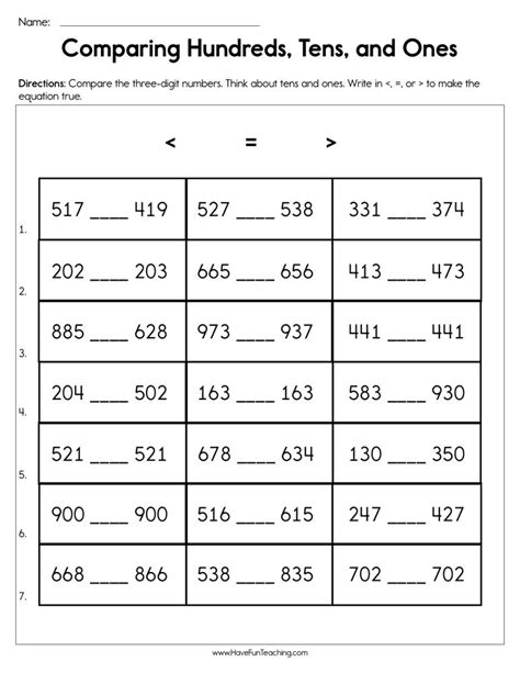 Comparing Hundreds Tens And Ones Worksheet By Teach Simple