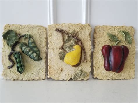 Vegetables Textured In Relief Ceramic Tiles Set Of 3 Wall Etsy