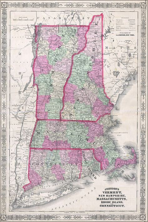 24x36 Gallery Poster 1864 Johnsons Map Of New England Vermont New