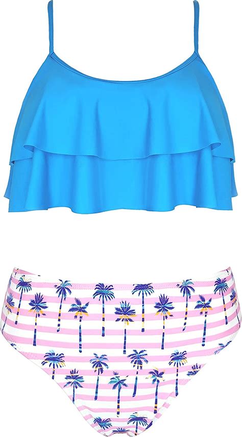 Shekini Girls Floral Printing Bathing Suits Ruffle Flounce Two Piece