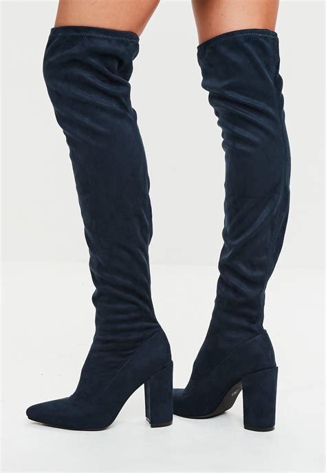 Lyst Missguided Navy Pointed Faux Suede Over The Knee Boots In Blue