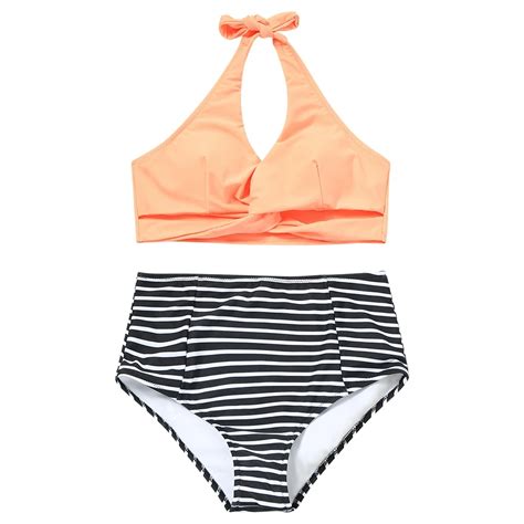 High Waist Striped Twist Bikini Set Wire Free Swimsuits Padded Bathing Suits Female Swimwear