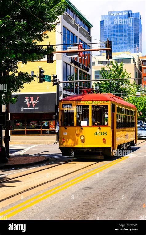 Bright Yellow City Trams In Downtown Little Rock Arkansas Stock Photo