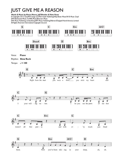 Pink Just Give Me A Reason Feat Nate Ruess Sheet Music