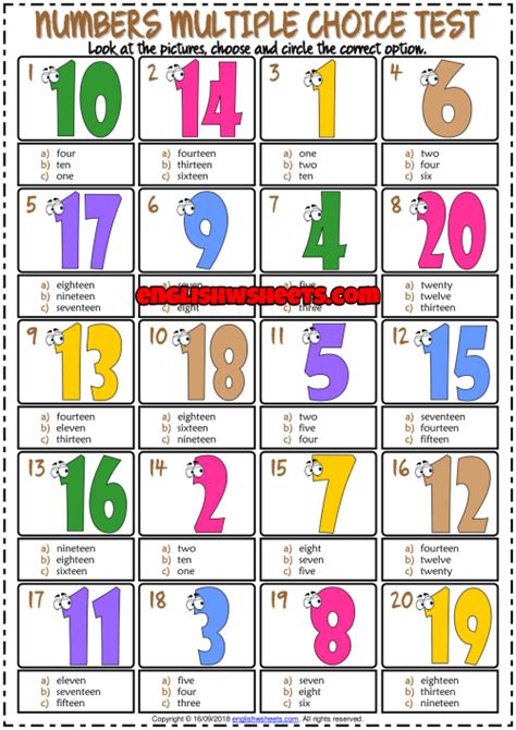 Numbers Esl Printable Multiple Choice Test For Kids