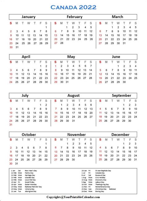 Free Canada 2022 Calendar Printable With Holidays Pdf