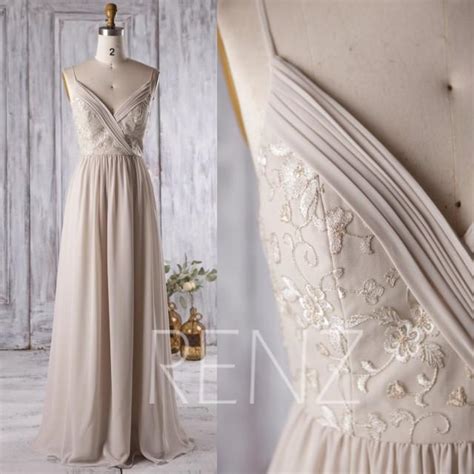 2016 Beige Bridesmaid Dress V Neck Wedding Dress With Lace Spaghetti