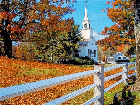 1024x768 Church In Fall Splendor New England By T Douglas Painting On