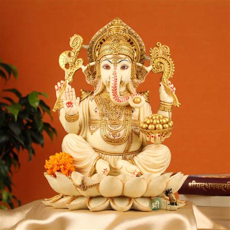 Ganesha Statue 30 Cm Hand Painted Lord Ganesha Idol On Lotus Etsy