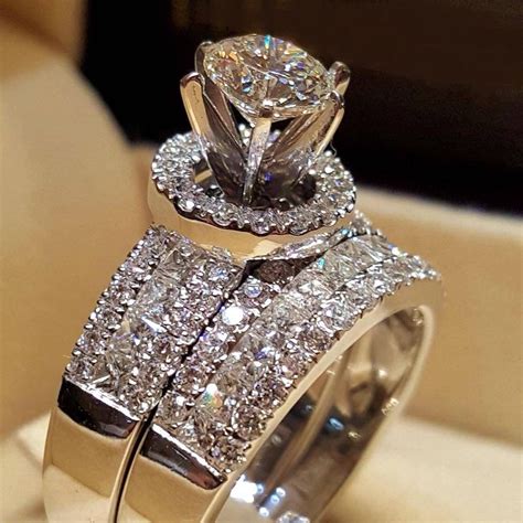 Ladies Engagement Wedding Bridal Ring Set Round Diamond 14k White Gold