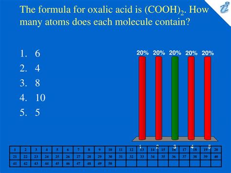 The mole is the amount (mass) of a substance which contains the same number of units (atoms, molecules, ions) as. PPT - The formula for oxalic acid is (COOH) 2 . How many ...