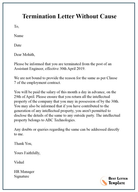 This without prejudice letter is written on behalf of a client who was unfairly dismissed, reinstated on appeal and then had to resign. Sample Termination Letter Template with Cause & Without Cause
