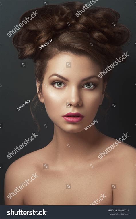 Portrait Of Beauty Nude Girl With Green Eyes Light Brown Eye Shadows And Natural Rose Lipstick