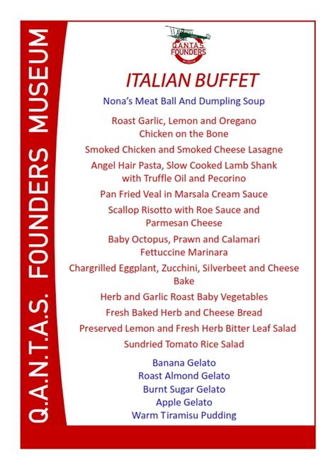 A form of service à la française, buffets are offered at various places including hotels. "Italian Night" Themed Buffet Dinner | Qantas Founders Museum