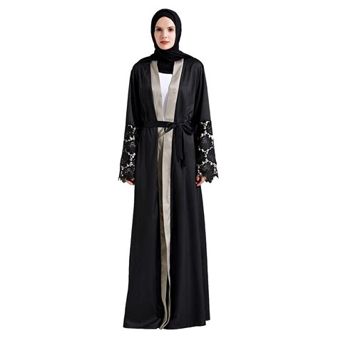 Women Islamic Clothing Muslim Cardigan Abaya Lace Spliced Robes Flare Sleeve Kaftan Marocain