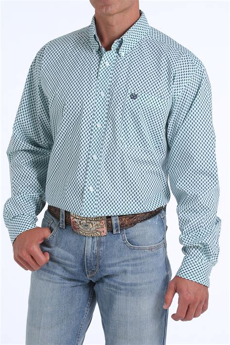 Cinch Jeans Mens Tencel Navy And Turquoise Print Button Down Western Shirt
