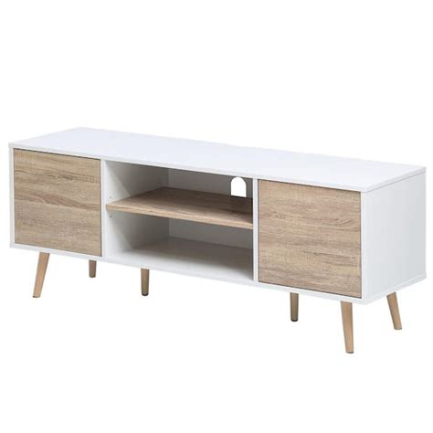 Wampat Mid Century 55 In White And Oak Tv Stand With Ajustable Shelf