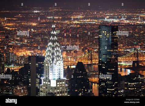 New York City Manhattan Chrysler Building At Night Aerial View Stock